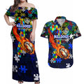 Bulldogs Autism Awareness Couples Matching Off Shoulder Maxi Dress and Hawaiian Shirt Puzzle Flames Rugby Ball