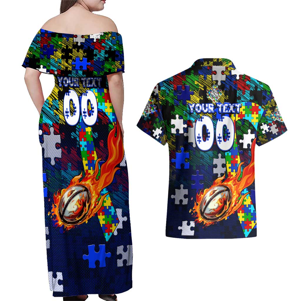 Bulldogs Autism Awareness Couples Matching Off Shoulder Maxi Dress and Hawaiian Shirt Puzzle Flames Rugby Ball