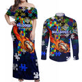 Bulldogs Autism Awareness Couples Matching Off Shoulder Maxi Dress and Long Sleeve Button Shirt Puzzle Flames Rugby Ball