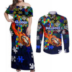 Bulldogs Autism Awareness Couples Matching Off Shoulder Maxi Dress and Long Sleeve Button Shirt Puzzle Flames Rugby Ball