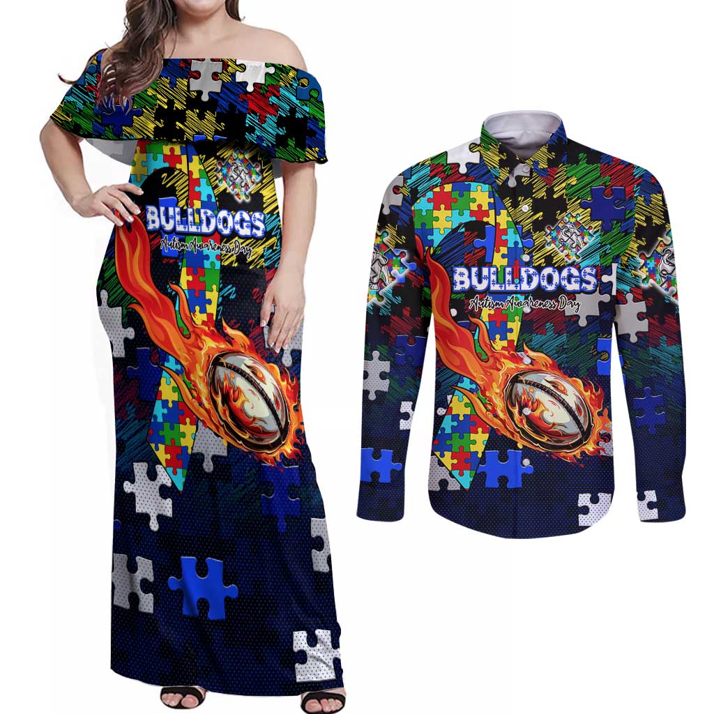 Bulldogs Autism Awareness Couples Matching Off Shoulder Maxi Dress and Long Sleeve Button Shirt Puzzle Flames Rugby Ball