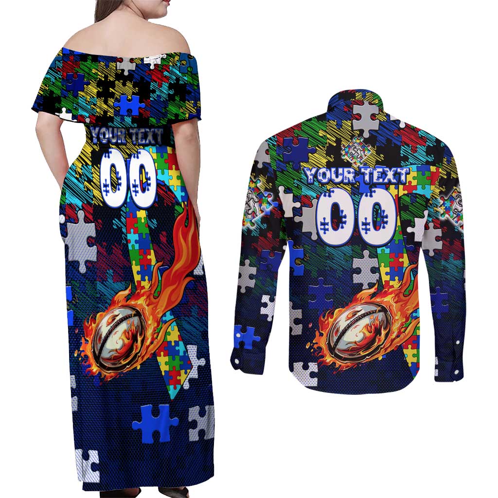 Bulldogs Autism Awareness Couples Matching Off Shoulder Maxi Dress and Long Sleeve Button Shirt Puzzle Flames Rugby Ball