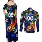 Bulldogs Autism Awareness Couples Matching Off Shoulder Maxi Dress and Long Sleeve Button Shirt Puzzle Flames Rugby Ball