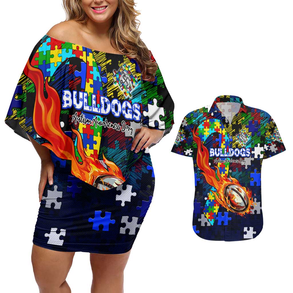Bulldogs Autism Awareness Couples Matching Off Shoulder Short Dress and Hawaiian Shirt Puzzle Flames Rugby Ball