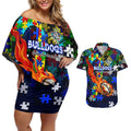 Bulldogs Autism Awareness Couples Matching Off Shoulder Short Dress and Hawaiian Shirt Puzzle Flames Rugby Ball