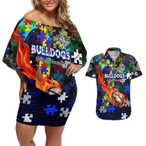 Bulldogs Autism Awareness Couples Matching Off Shoulder Short Dress and Hawaiian Shirt Puzzle Flames Rugby Ball
