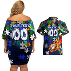 Bulldogs Autism Awareness Couples Matching Off Shoulder Short Dress and Hawaiian Shirt Puzzle Flames Rugby Ball