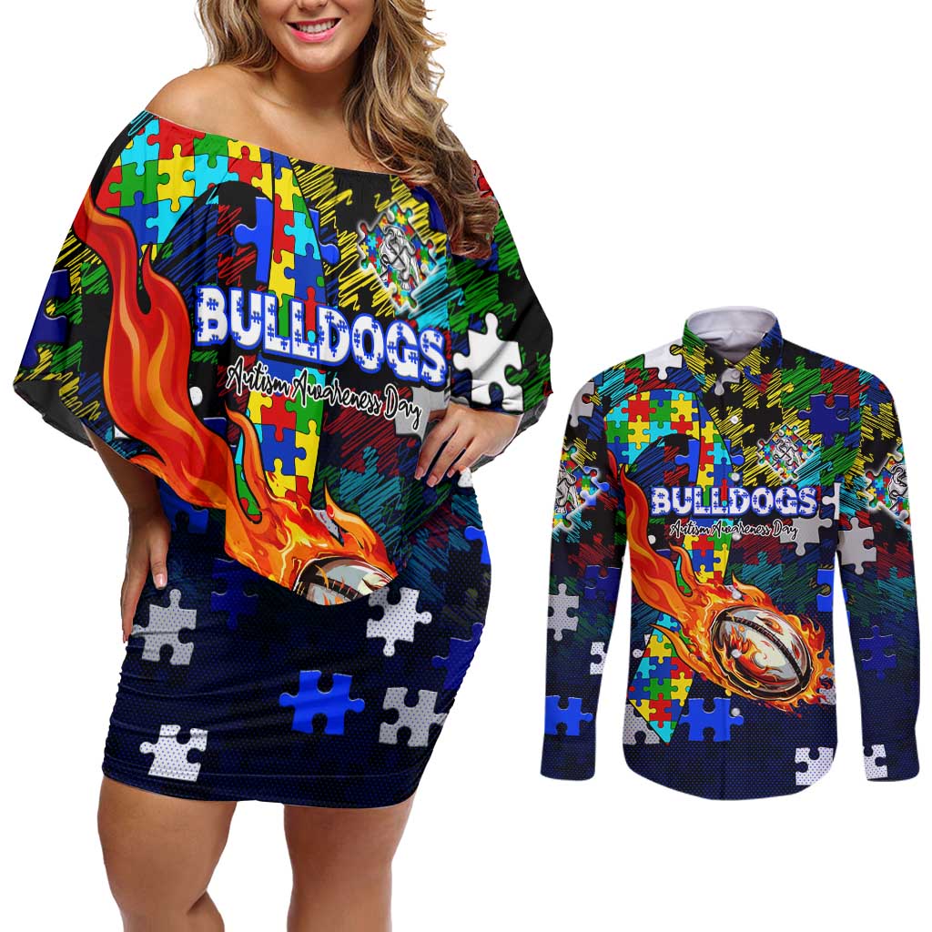 Bulldogs Autism Awareness Couples Matching Off Shoulder Short Dress and Long Sleeve Button Shirt Puzzle Flames Rugby Ball