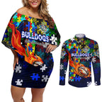 Bulldogs Autism Awareness Couples Matching Off Shoulder Short Dress and Long Sleeve Button Shirt Puzzle Flames Rugby Ball