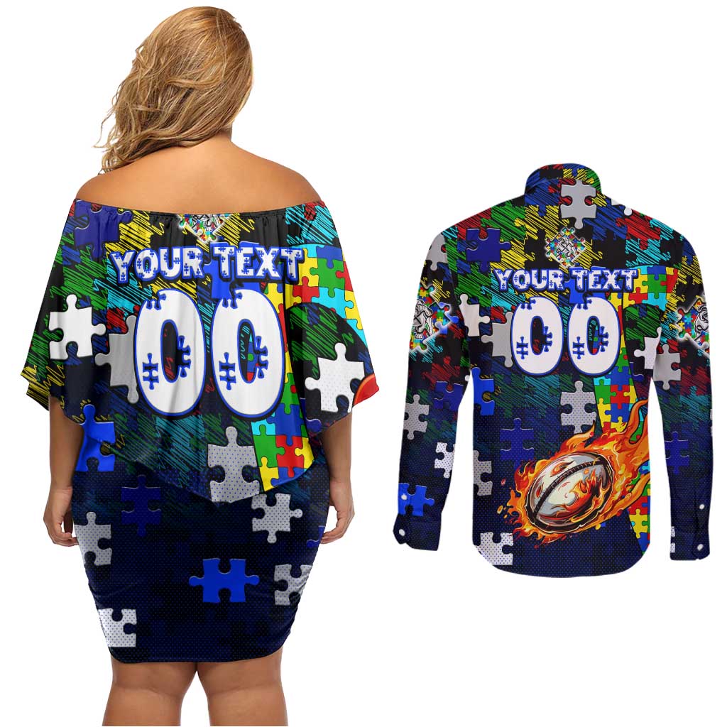 Bulldogs Autism Awareness Couples Matching Off Shoulder Short Dress and Long Sleeve Button Shirt Puzzle Flames Rugby Ball