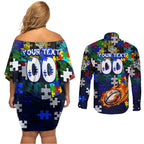 Bulldogs Autism Awareness Couples Matching Off Shoulder Short Dress and Long Sleeve Button Shirt Puzzle Flames Rugby Ball