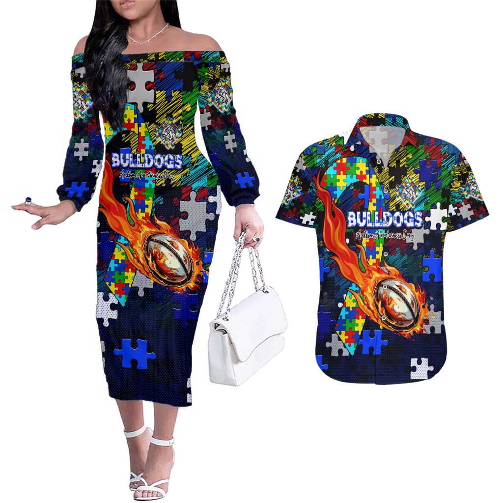 Bulldogs Autism Awareness Couples Matching Off The Shoulder Long Sleeve Dress and Hawaiian Shirt Puzzle Flames Rugby Ball