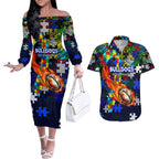 Bulldogs Autism Awareness Couples Matching Off The Shoulder Long Sleeve Dress and Hawaiian Shirt Puzzle Flames Rugby Ball