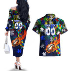 Bulldogs Autism Awareness Couples Matching Off The Shoulder Long Sleeve Dress and Hawaiian Shirt Puzzle Flames Rugby Ball
