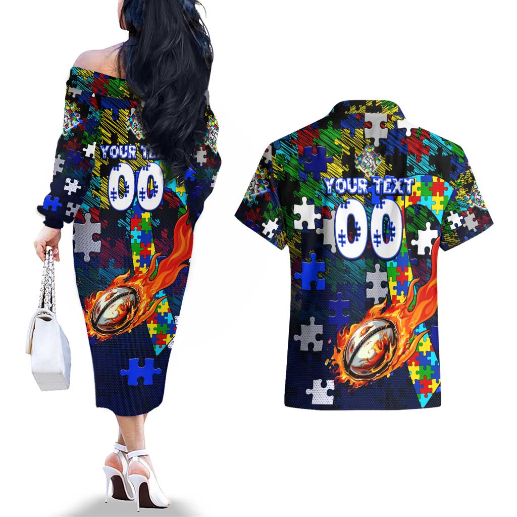 Bulldogs Autism Awareness Couples Matching Off The Shoulder Long Sleeve Dress and Hawaiian Shirt Puzzle Flames Rugby Ball