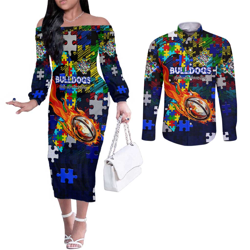 Bulldogs Autism Awareness Couples Matching Off The Shoulder Long Sleeve Dress and Long Sleeve Button Shirt Puzzle Flames Rugby Ball
