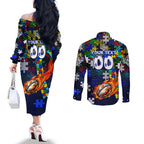 Bulldogs Autism Awareness Couples Matching Off The Shoulder Long Sleeve Dress and Long Sleeve Button Shirt Puzzle Flames Rugby Ball