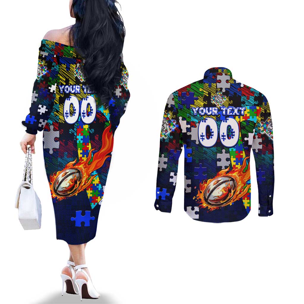 Bulldogs Autism Awareness Couples Matching Off The Shoulder Long Sleeve Dress and Long Sleeve Button Shirt Puzzle Flames Rugby Ball