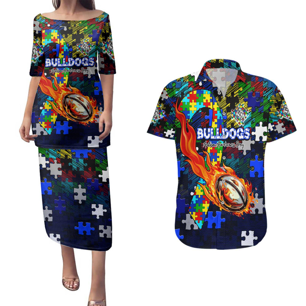 Bulldogs Autism Awareness Couples Matching Puletasi and Hawaiian Shirt Puzzle Flames Rugby Ball