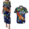Bulldogs Autism Awareness Couples Matching Puletasi and Hawaiian Shirt Puzzle Flames Rugby Ball