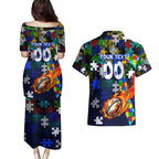 Bulldogs Autism Awareness Couples Matching Puletasi and Hawaiian Shirt Puzzle Flames Rugby Ball