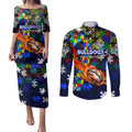 Bulldogs Autism Awareness Couples Matching Puletasi and Long Sleeve Button Shirt Puzzle Flames Rugby Ball