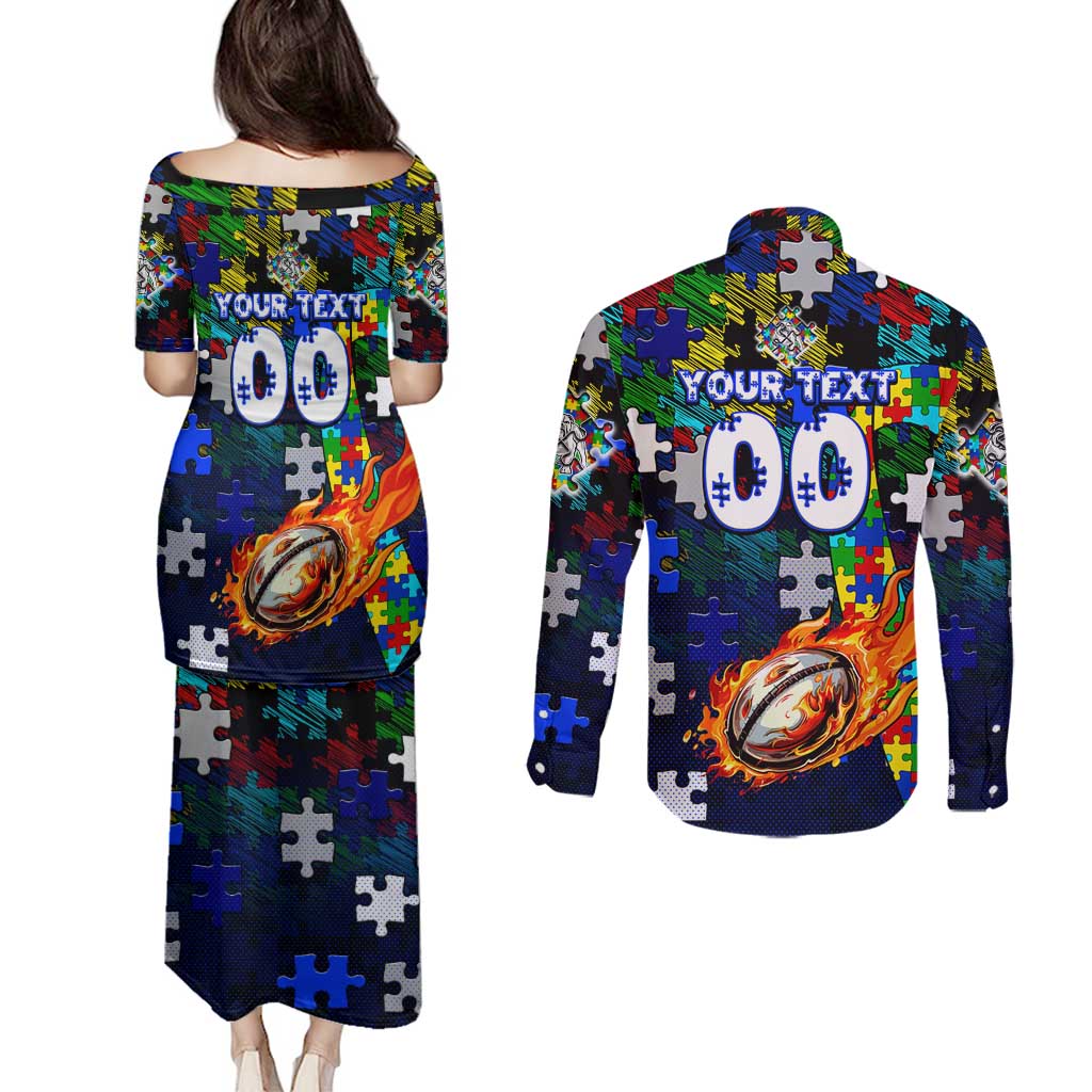 Bulldogs Autism Awareness Couples Matching Puletasi and Long Sleeve Button Shirt Puzzle Flames Rugby Ball