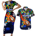Bulldogs Autism Awareness Couples Matching Short Sleeve Bodycon Dress and Hawaiian Shirt Puzzle Flames Rugby Ball