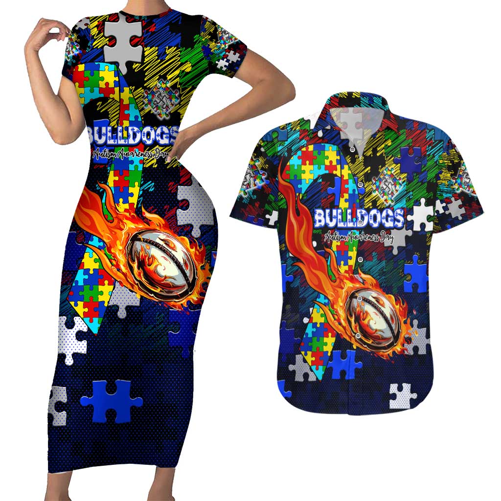 Bulldogs Autism Awareness Couples Matching Short Sleeve Bodycon Dress and Hawaiian Shirt Puzzle Flames Rugby Ball