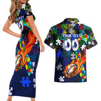 Bulldogs Autism Awareness Couples Matching Short Sleeve Bodycon Dress and Hawaiian Shirt Puzzle Flames Rugby Ball