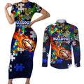 Bulldogs Autism Awareness Couples Matching Short Sleeve Bodycon Dress and Long Sleeve Button Shirt Puzzle Flames Rugby Ball