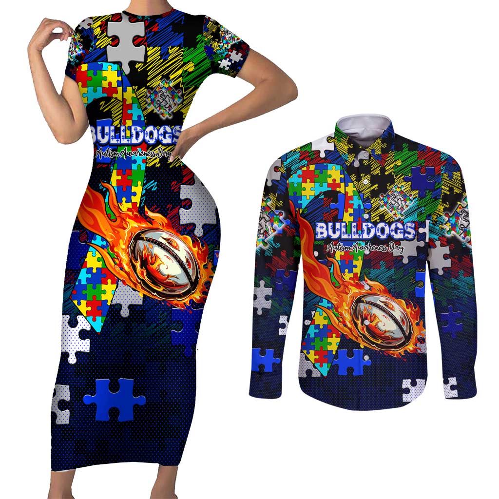 Bulldogs Autism Awareness Couples Matching Short Sleeve Bodycon Dress and Long Sleeve Button Shirt Puzzle Flames Rugby Ball