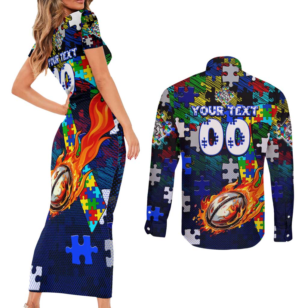 Bulldogs Autism Awareness Couples Matching Short Sleeve Bodycon Dress and Long Sleeve Button Shirt Puzzle Flames Rugby Ball