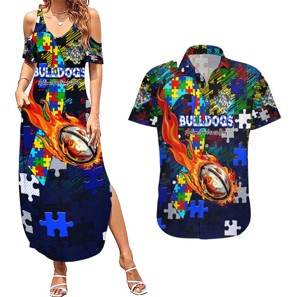 Bulldogs Autism Awareness Couples Matching Summer Maxi Dress and Hawaiian Shirt Puzzle Flames Rugby Ball