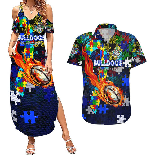Bulldogs Autism Awareness Couples Matching Summer Maxi Dress and Hawaiian Shirt Puzzle Flames Rugby Ball