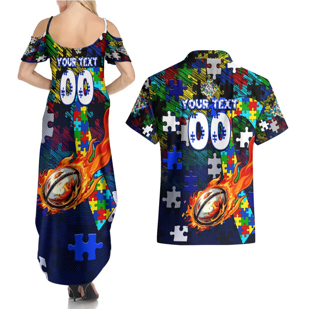 Bulldogs Autism Awareness Couples Matching Summer Maxi Dress and Hawaiian Shirt Puzzle Flames Rugby Ball