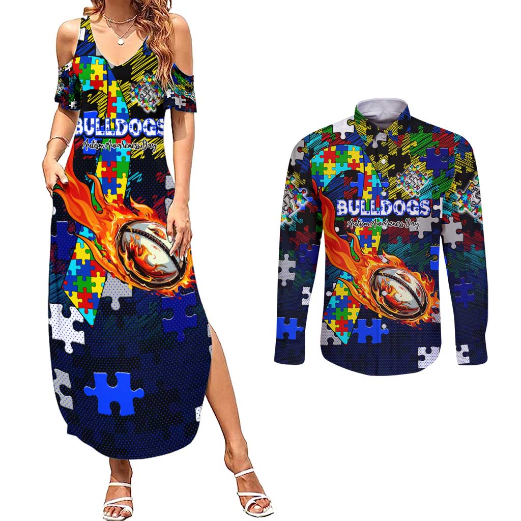 Bulldogs Autism Awareness Couples Matching Summer Maxi Dress and Long Sleeve Button Shirt Puzzle Flames Rugby Ball