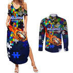 Bulldogs Autism Awareness Couples Matching Summer Maxi Dress and Long Sleeve Button Shirt Puzzle Flames Rugby Ball