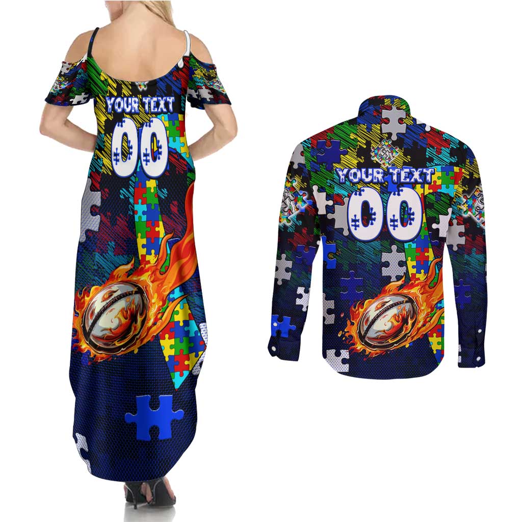 Bulldogs Autism Awareness Couples Matching Summer Maxi Dress and Long Sleeve Button Shirt Puzzle Flames Rugby Ball