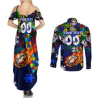 Bulldogs Autism Awareness Couples Matching Summer Maxi Dress and Long Sleeve Button Shirt Puzzle Flames Rugby Ball