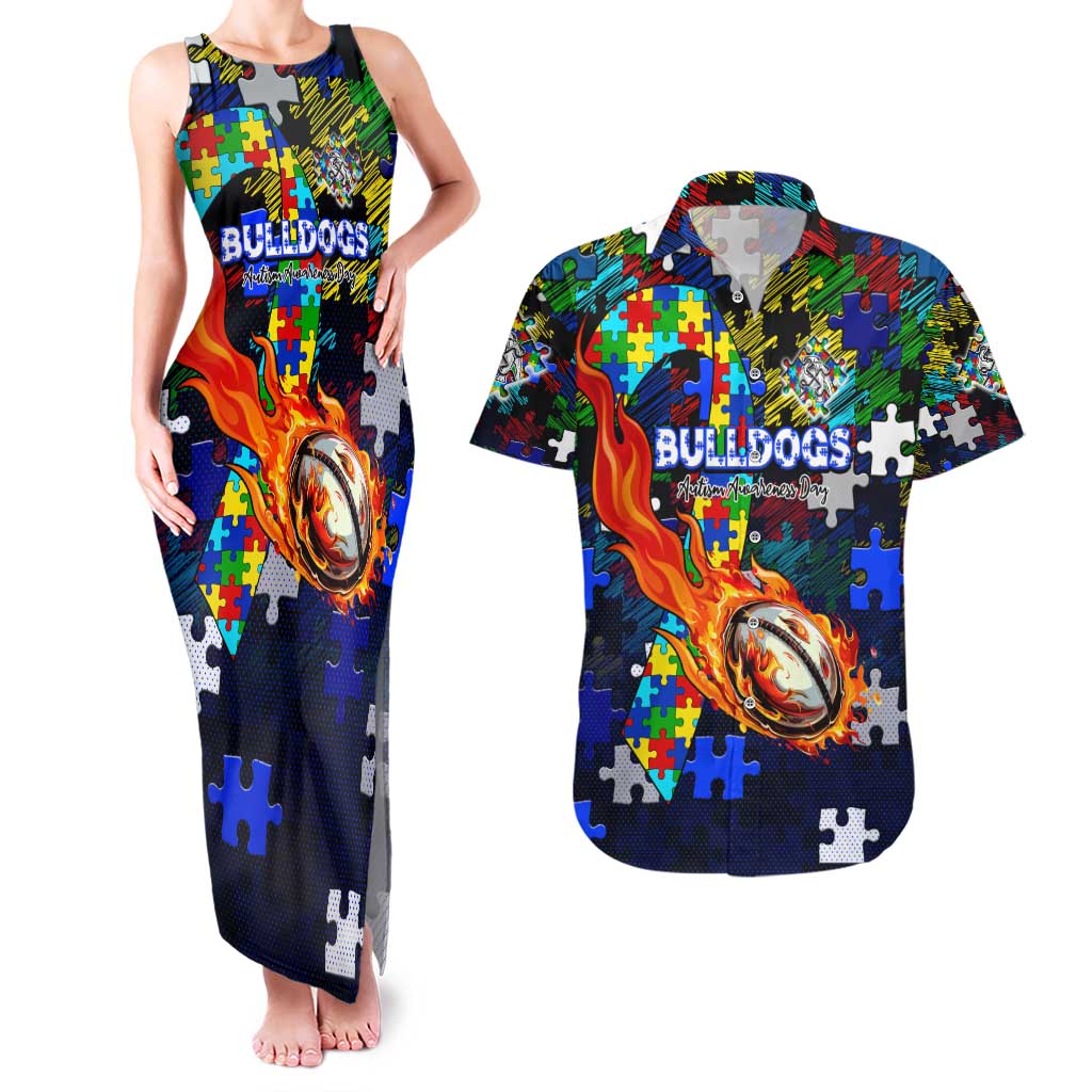 Bulldogs Autism Awareness Couples Matching Tank Maxi Dress and Hawaiian Shirt Puzzle Flames Rugby Ball