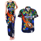 Bulldogs Autism Awareness Couples Matching Tank Maxi Dress and Hawaiian Shirt Puzzle Flames Rugby Ball