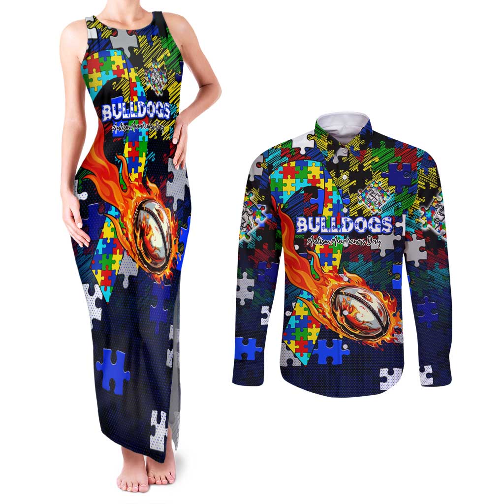 Bulldogs Autism Awareness Couples Matching Tank Maxi Dress and Long Sleeve Button Shirt Puzzle Flames Rugby Ball