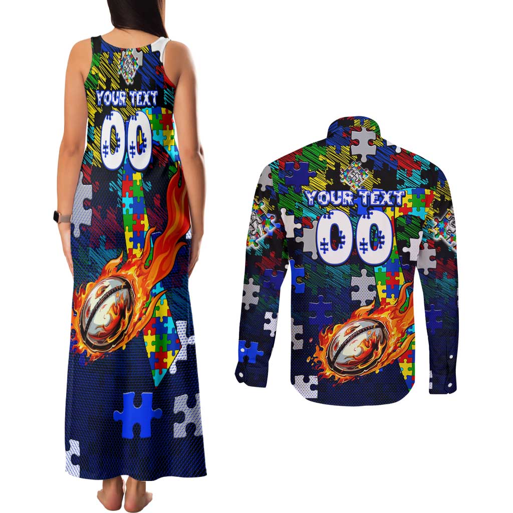 Bulldogs Autism Awareness Couples Matching Tank Maxi Dress and Long Sleeve Button Shirt Puzzle Flames Rugby Ball