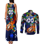 Bulldogs Autism Awareness Couples Matching Tank Maxi Dress and Long Sleeve Button Shirt Puzzle Flames Rugby Ball