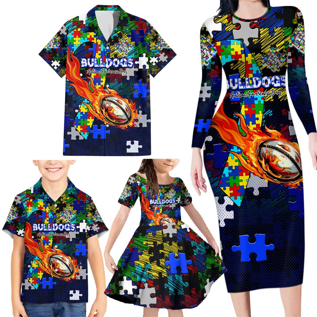 Bulldogs Autism Awareness Family Matching Long Sleeve Bodycon Dress and Hawaiian Shirt Puzzle Flames Rugby Ball