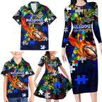 Bulldogs Autism Awareness Family Matching Long Sleeve Bodycon Dress and Hawaiian Shirt Puzzle Flames Rugby Ball