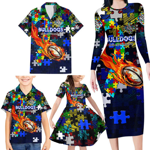 Bulldogs Autism Awareness Family Matching Long Sleeve Bodycon Dress and Hawaiian Shirt Puzzle Flames Rugby Ball