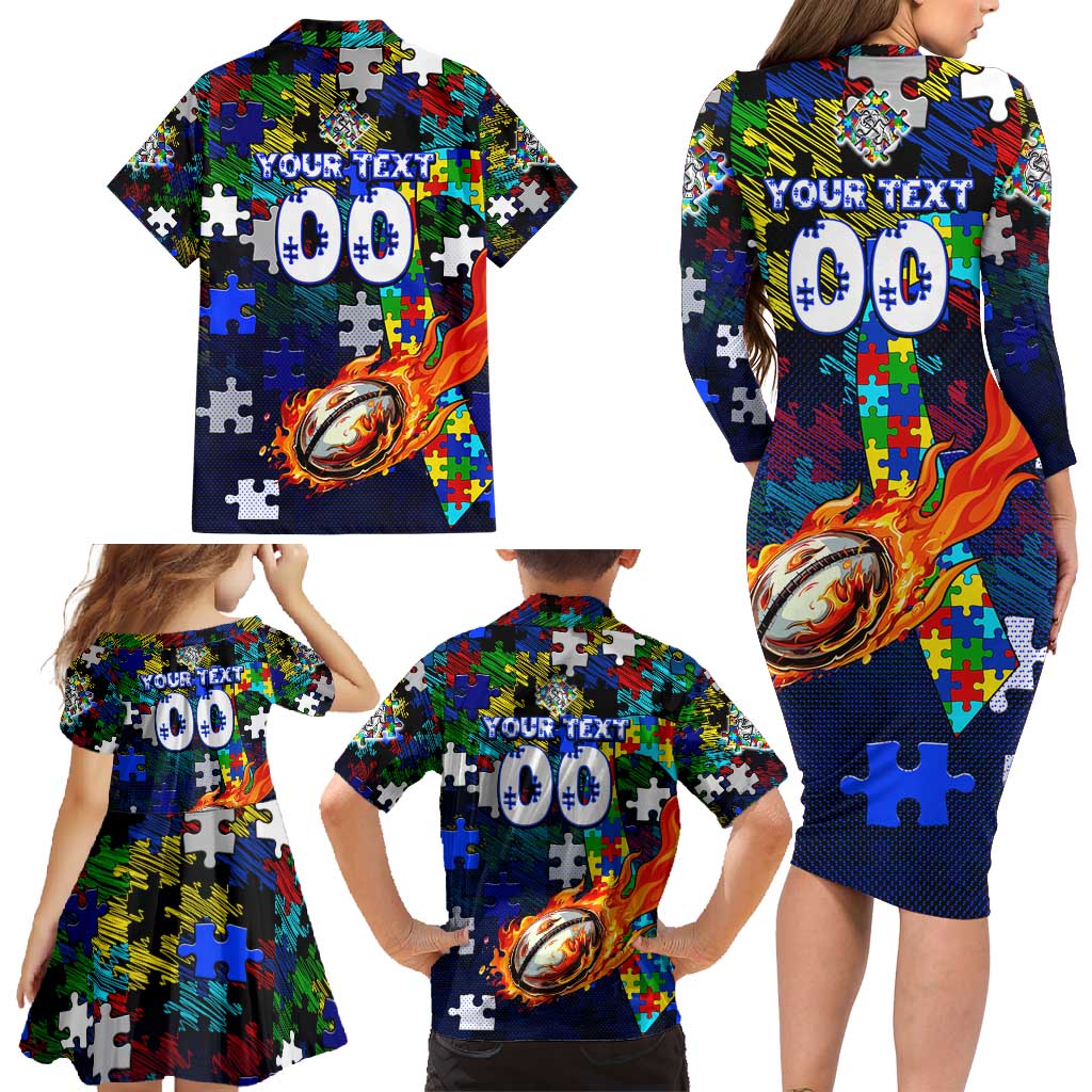 Bulldogs Autism Awareness Family Matching Long Sleeve Bodycon Dress and Hawaiian Shirt Puzzle Flames Rugby Ball