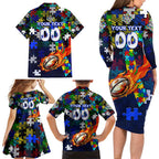 Bulldogs Autism Awareness Family Matching Long Sleeve Bodycon Dress and Hawaiian Shirt Puzzle Flames Rugby Ball